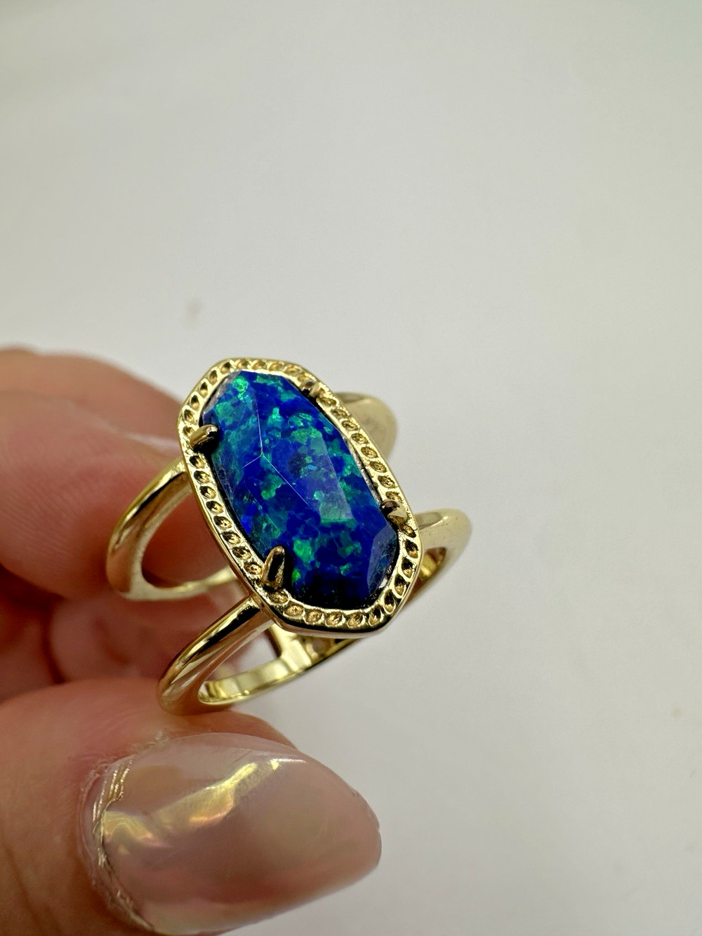 Kendra Scott Emilie Gold Double Band Ring Blue Opal Iridescent Stone